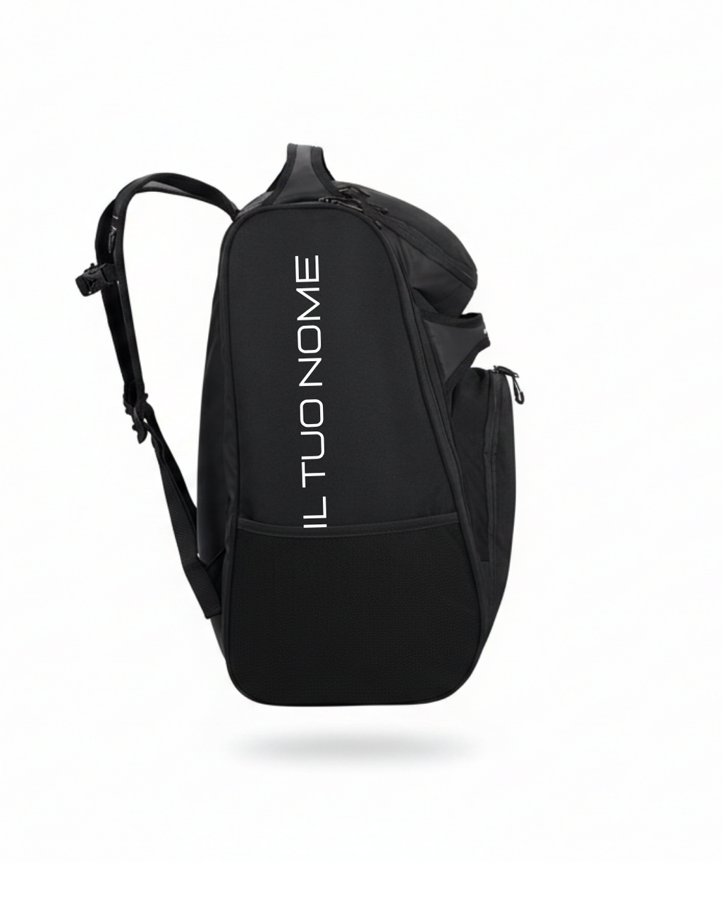 Borsa da padel nera TIERRE vista laterale sinistra con personalizzazione nome