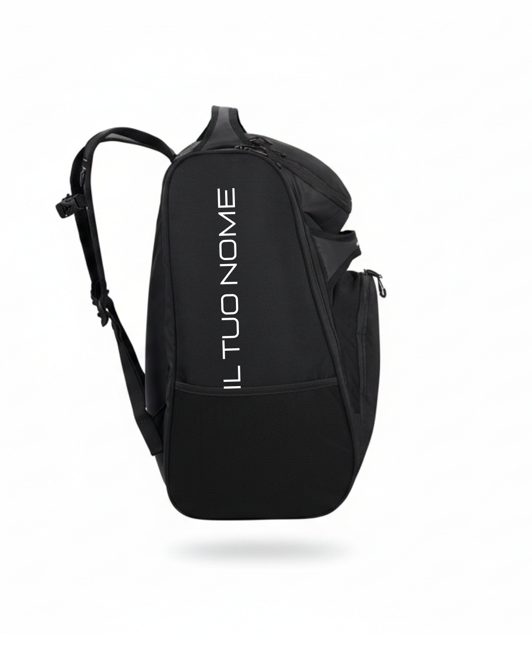 Borsa da padel nera TIERRE vista laterale sinistra con personalizzazione nome