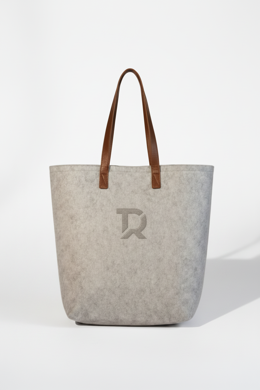 Borsa grigia con logo su fondo bianco