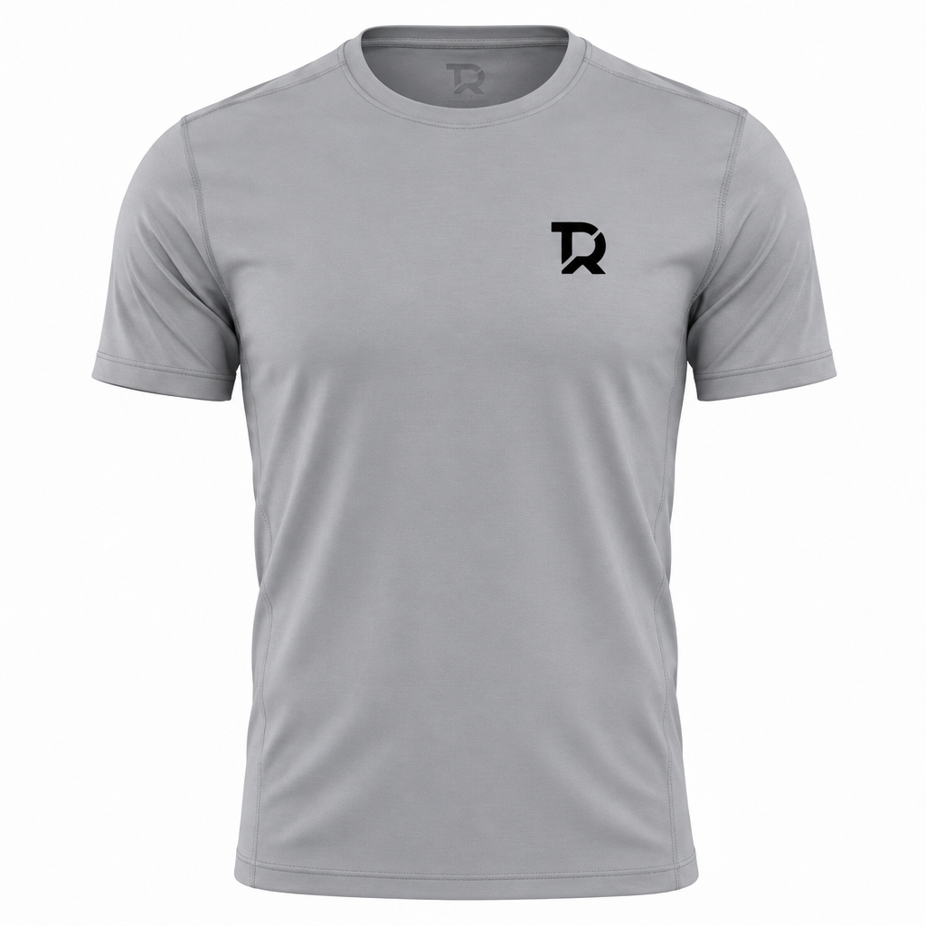 Frontale della T-shirt grigia con monogramma TR nero, formato 1024x1024, stessa spaziatura della T BLACK