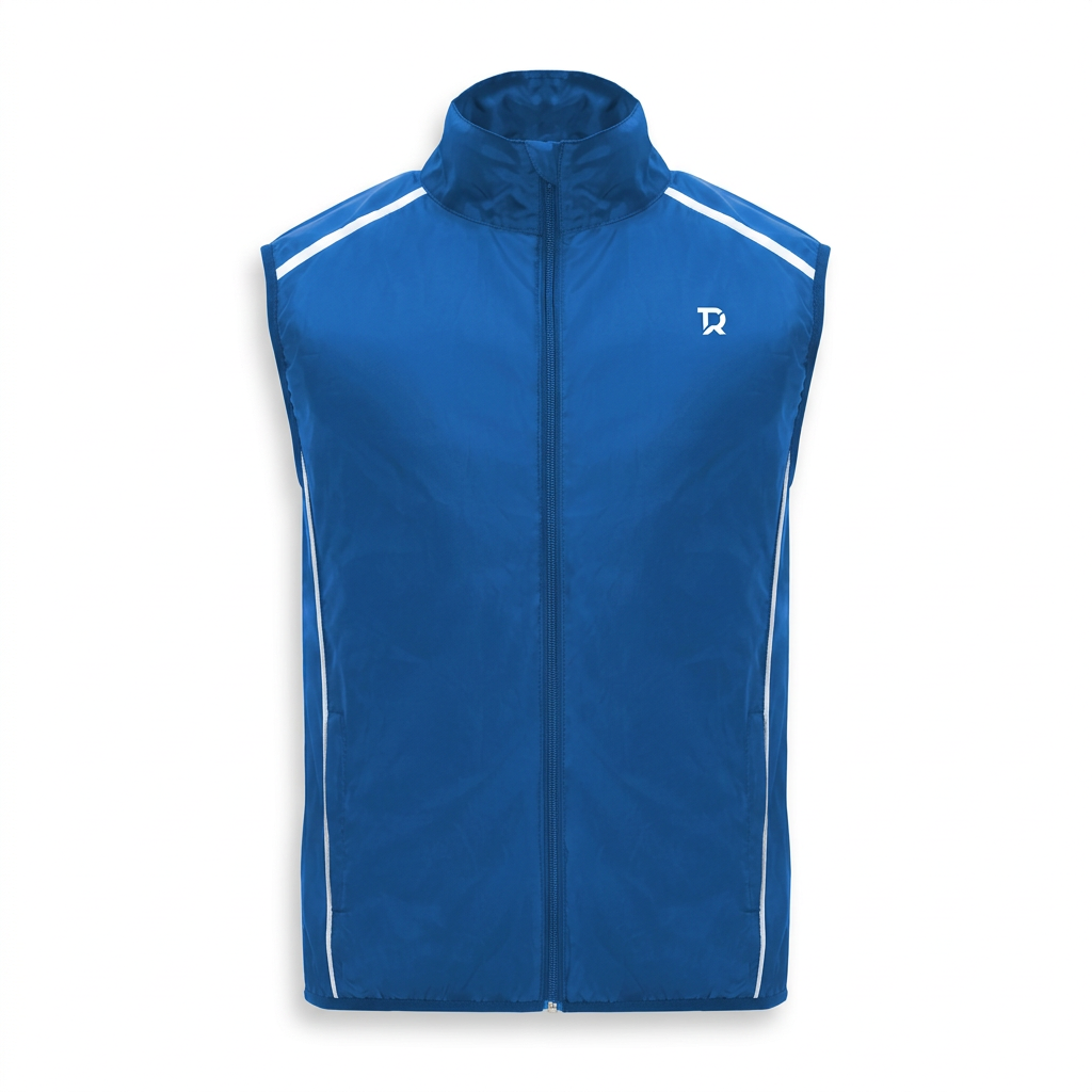 Gilet antivento blu con monogramma bianco piccolo sul lato cuore