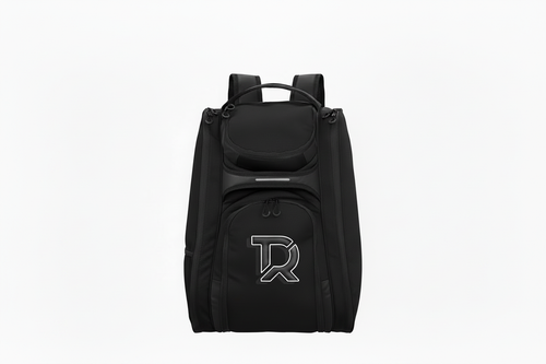 Borsa da padel nera TIERRE con logo TR, vista distante sfondo bianco
