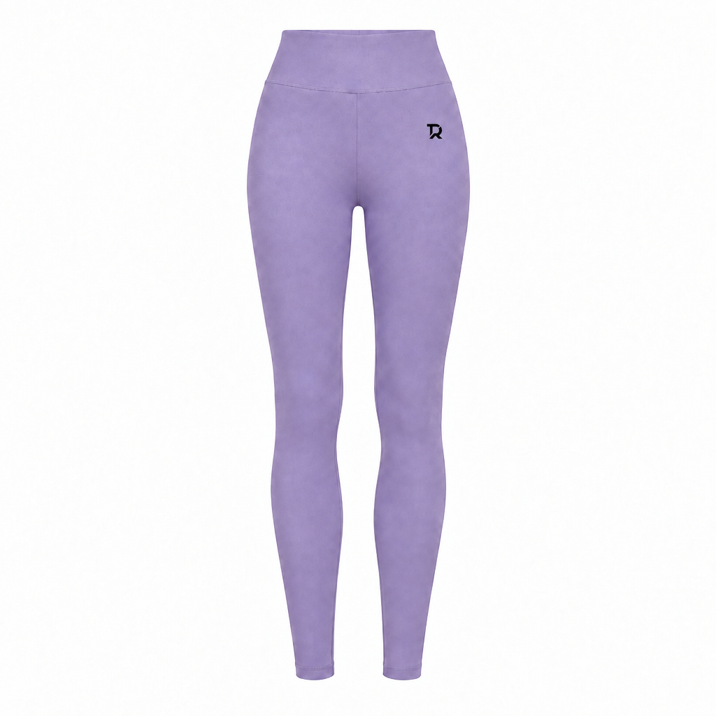 Versione lilla dei leggings TIERRE Motion Tech, vista frontale con logo TR nero