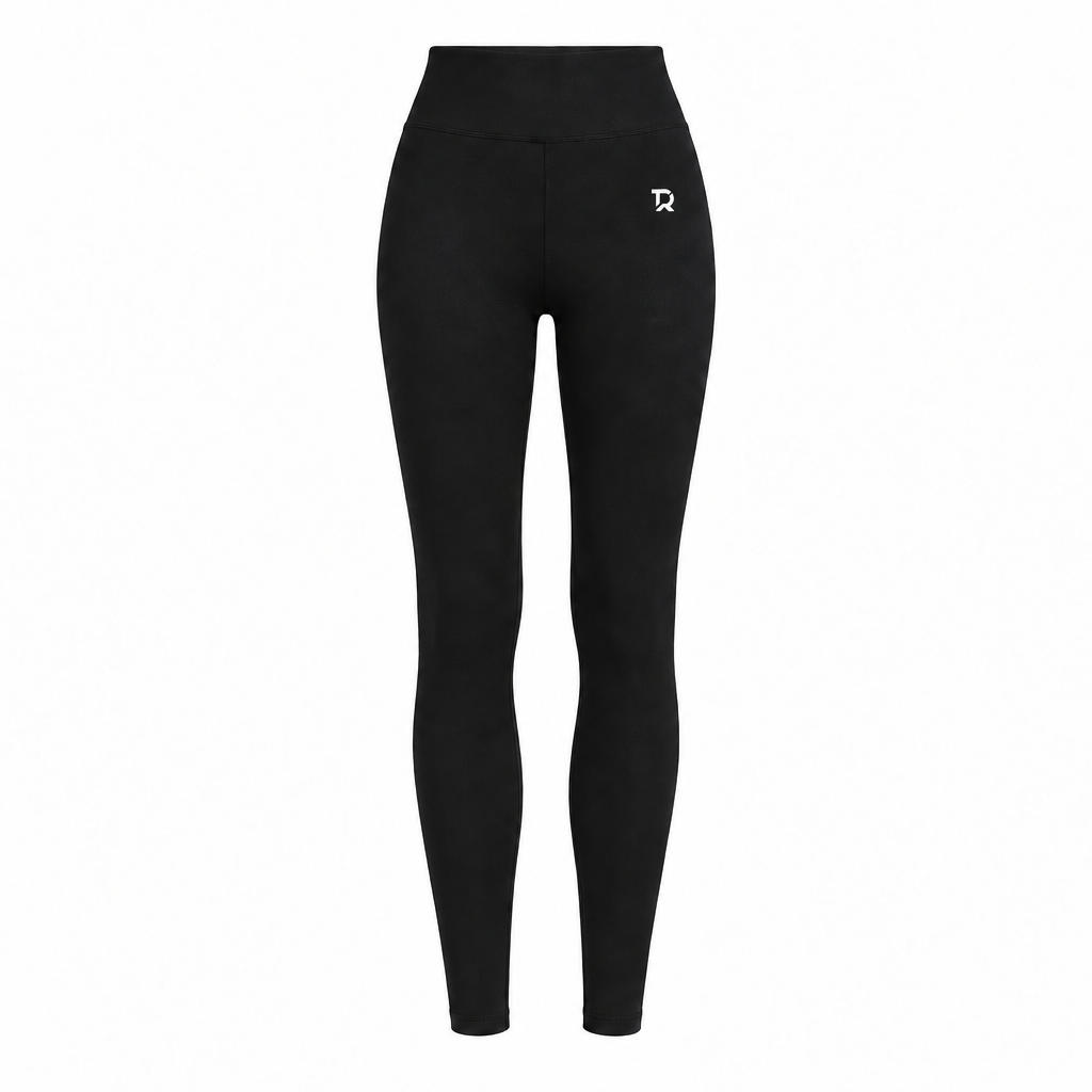Leggings tecnici neri da donna TIERRE, vista frontale con logo TR bianco sull'anca sinistra