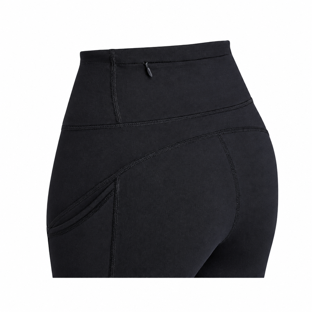 Dettaglio della fascia, tasca posteriore e cuciture dei leggings neri TIERRE