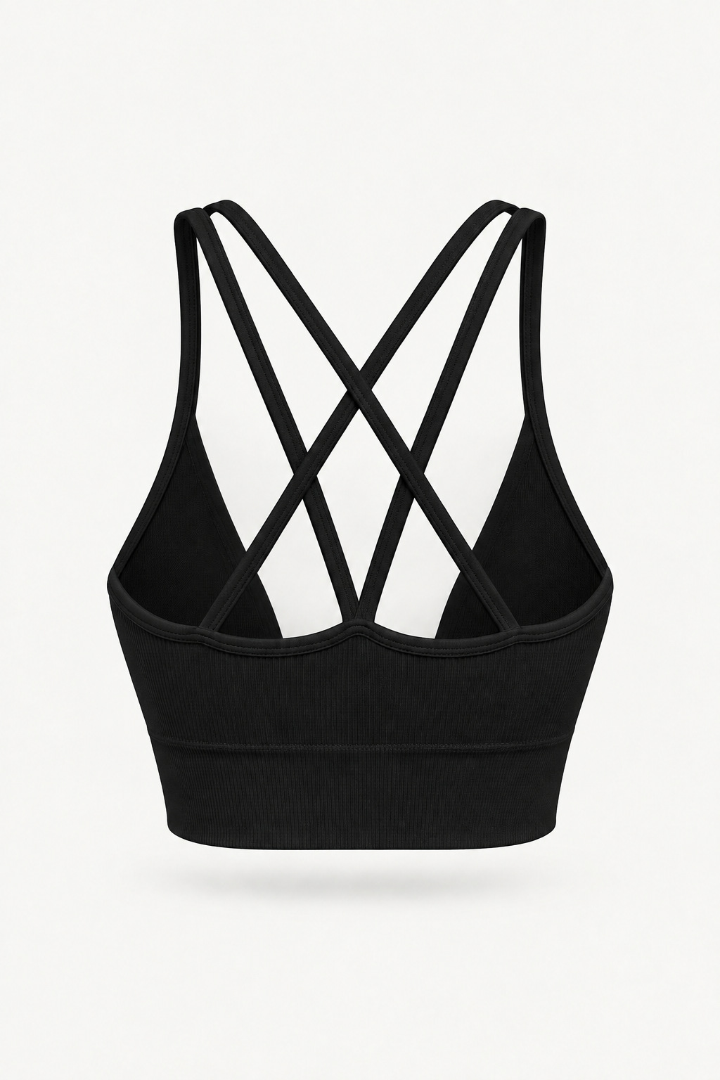 Top sportivo nero effetto manichino fantasma, vista posteriore, con spalline incrociate