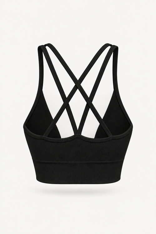 Top sportivo nero effetto manichino fantasma, vista posteriore, con spalline incrociate