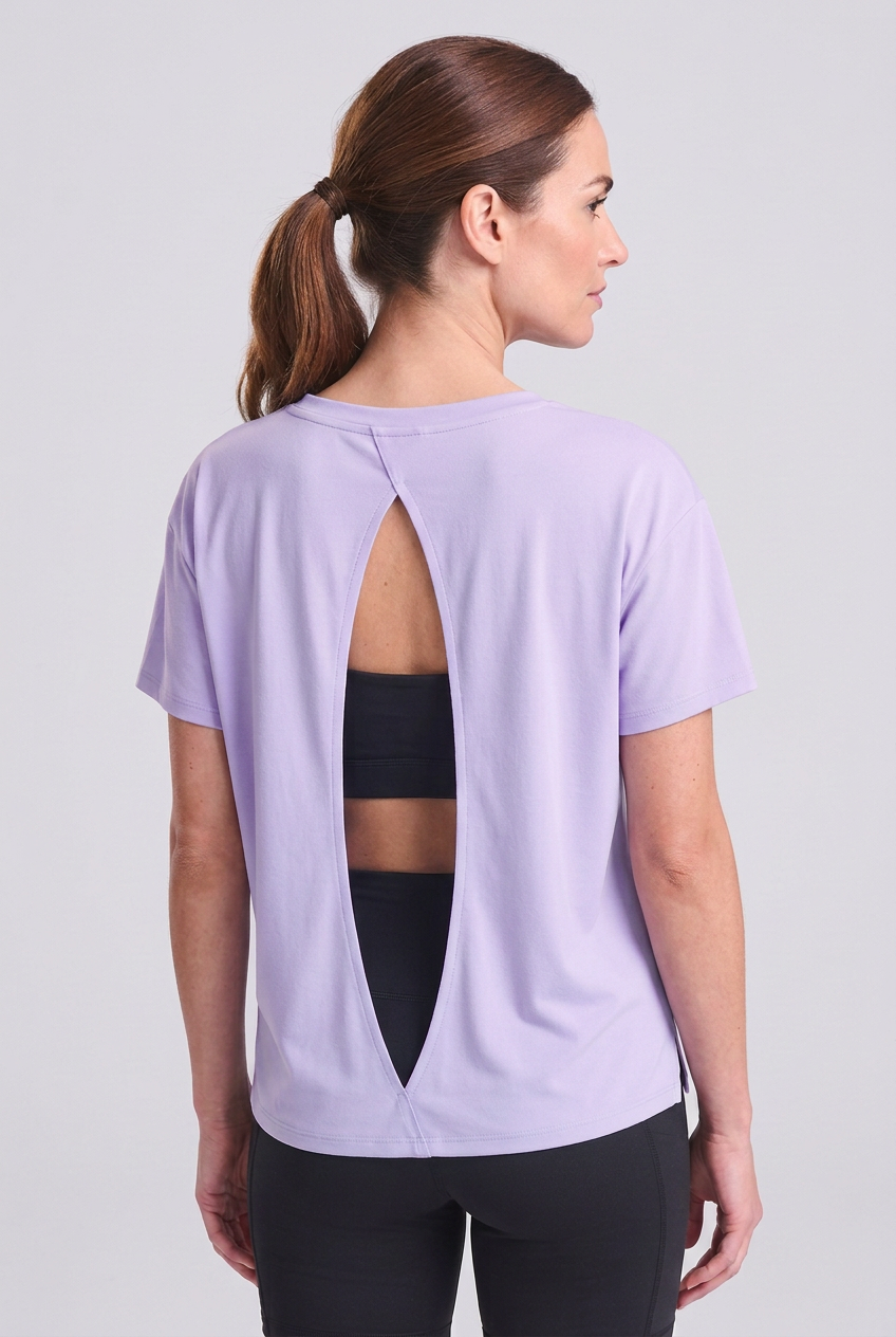 T-SHIRT FLOW LILLA vista posteriore con schiena aperta