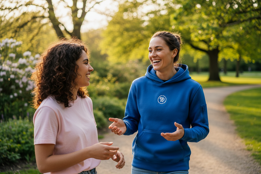 Modella con felpa che parla con amica nel parco
