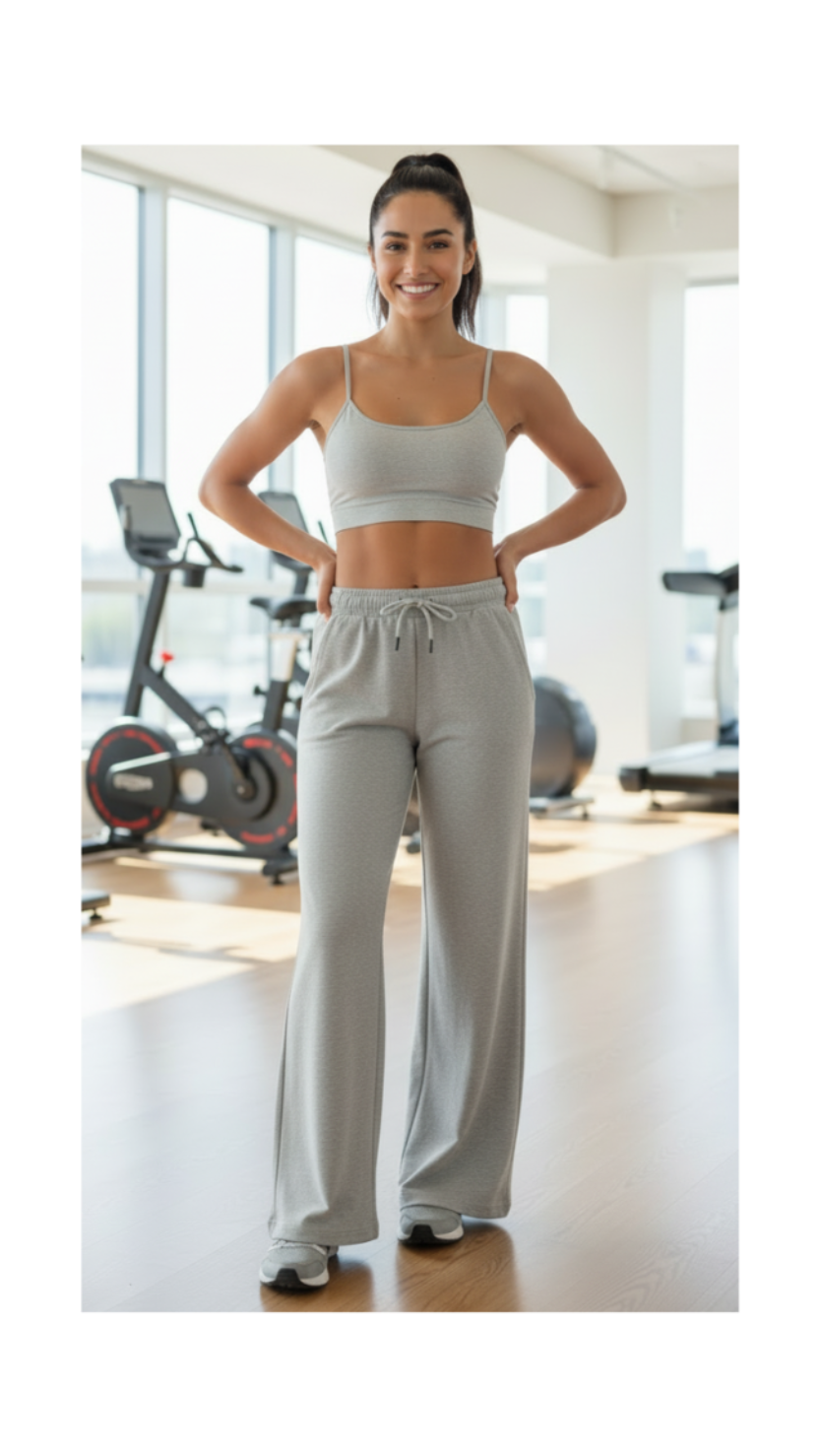 Modella con pantalone grigio e top a spalline fini
