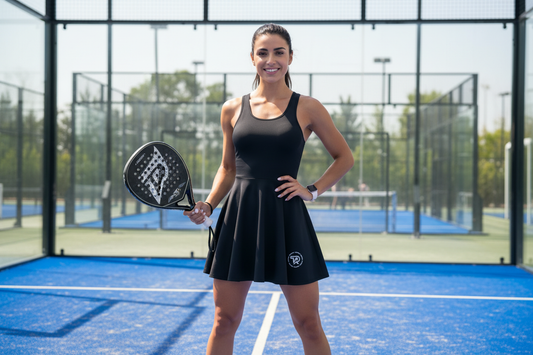 Modella con vestito nero su campo da padel blu