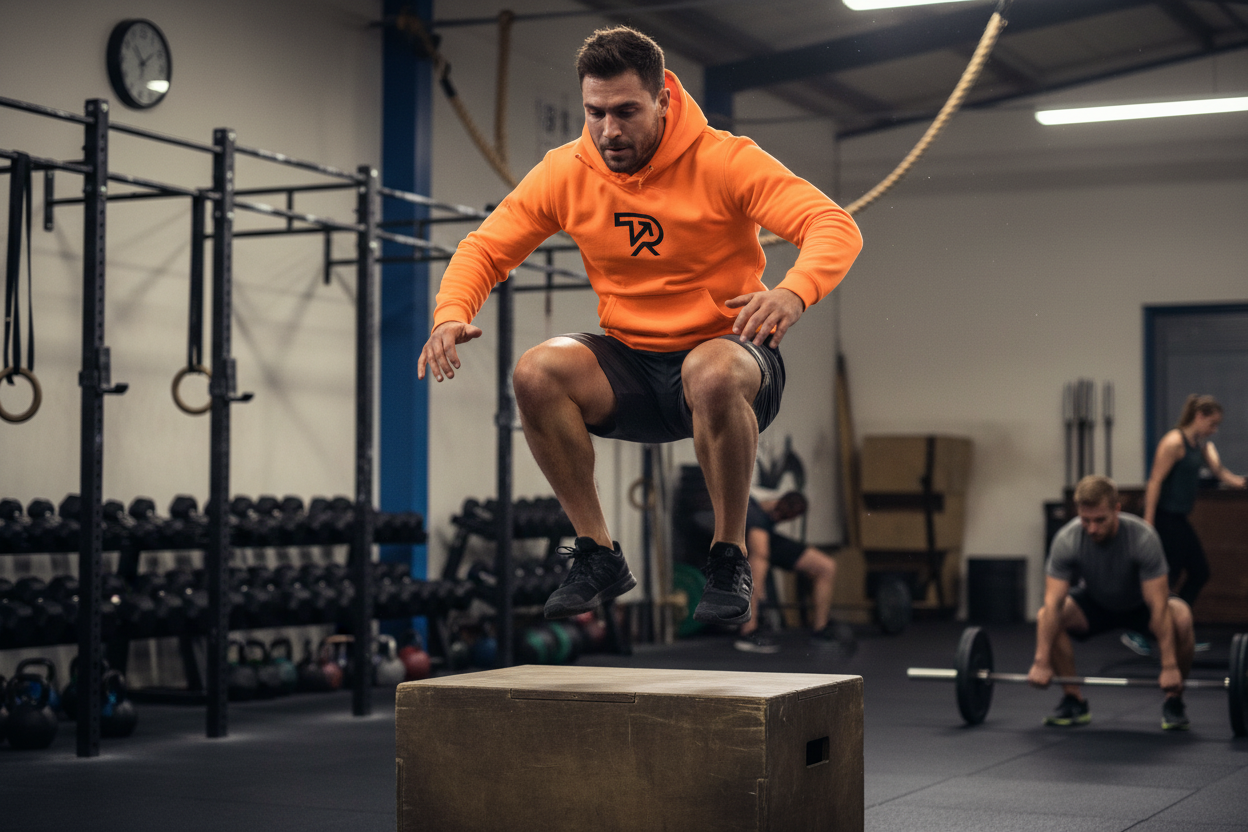 Modello crossfit con felpa arancione fluo