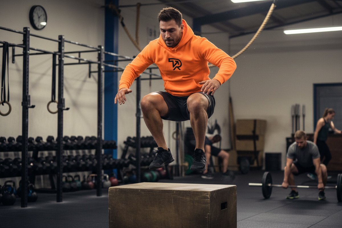 Modello crossfit con felpa arancione fluo