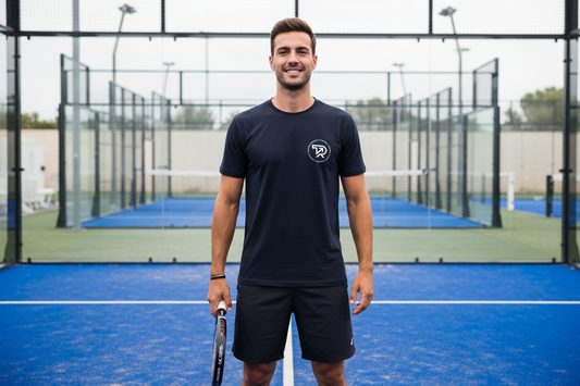 Modello sorridente con ACTIVE TSHIRT su campo da padel blu